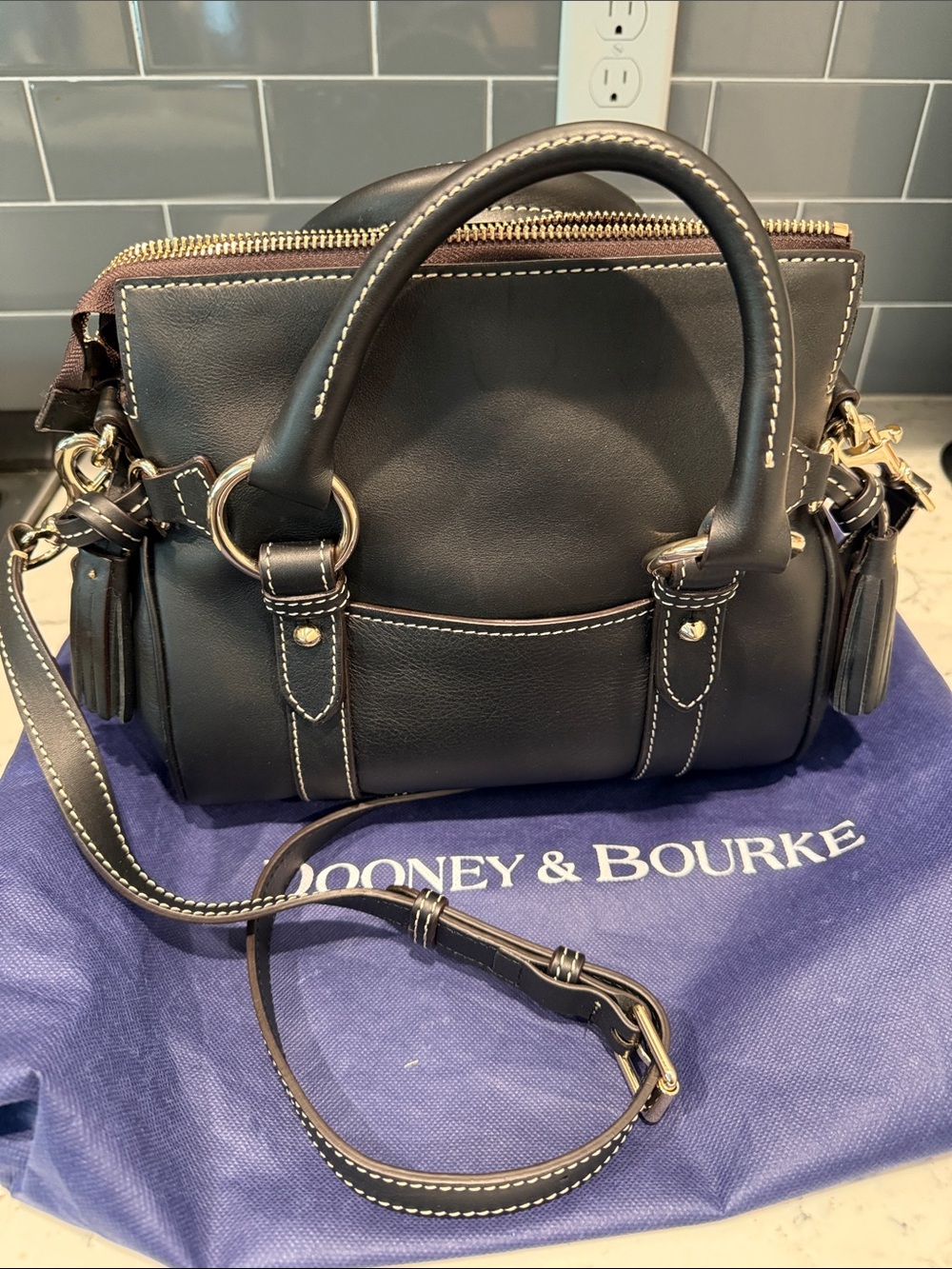 Dooney & Bourke Black Leather Satchel with Brown Handles and Gold Hardware - Picture 2 of 5